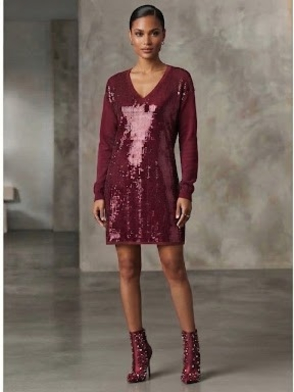 Michael Kors Sequin Red V‑Neck Mini Dress with Knit Sleeves